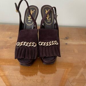 Yves Saint Laurent Dark Brown Suede Heels with Chain